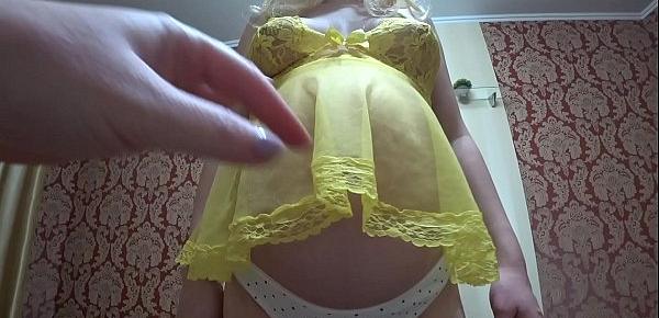  Lesbian with a strap-on standing fucked in the hairy pussy of a pregnant milf in stockings. Fetish.